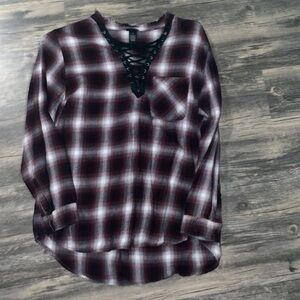 Lace up plaid shirt